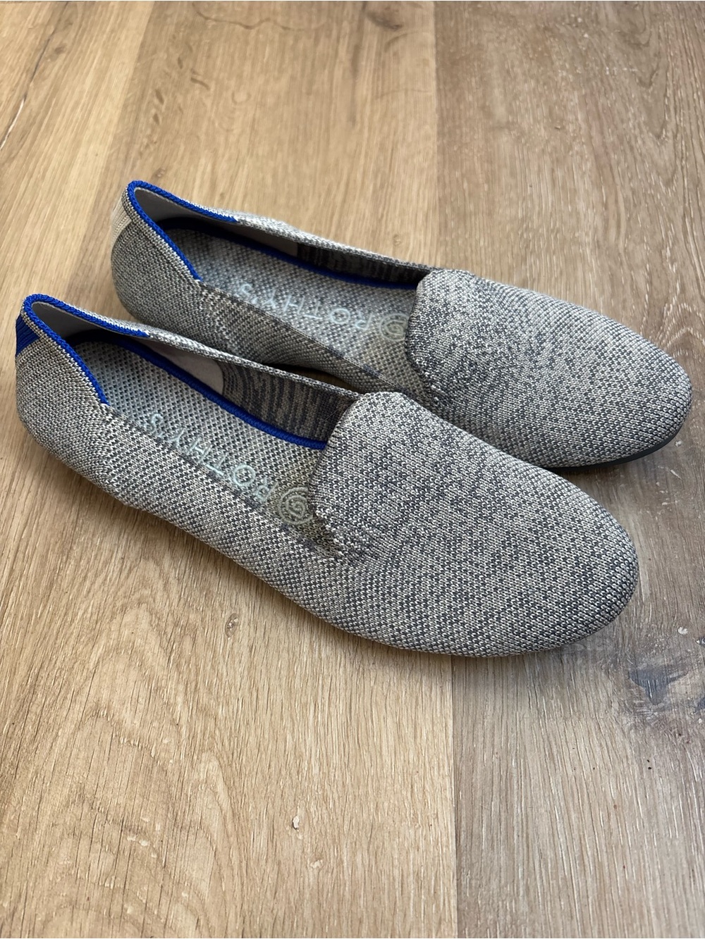 Rothy's Gray Knit Slip-On Loafers with Blue Trim Womens 7